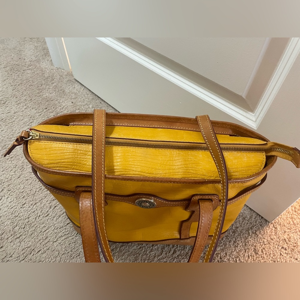 Dooney Bourke leather mustard yellow classic handbag with brown trim, red inside - Picture 3 of 6